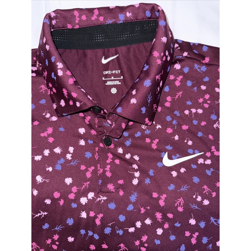 Nike Golf Polo Shirt Men's M Burgundy Flower Print LIMITED USE Front Back Swoosh